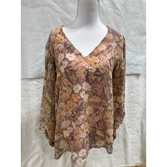 Adrienne Floral Chiffon Blouse Women M Sheer V-Neck Balloon Sleeve Romantic Boho - Picture 2 of 6